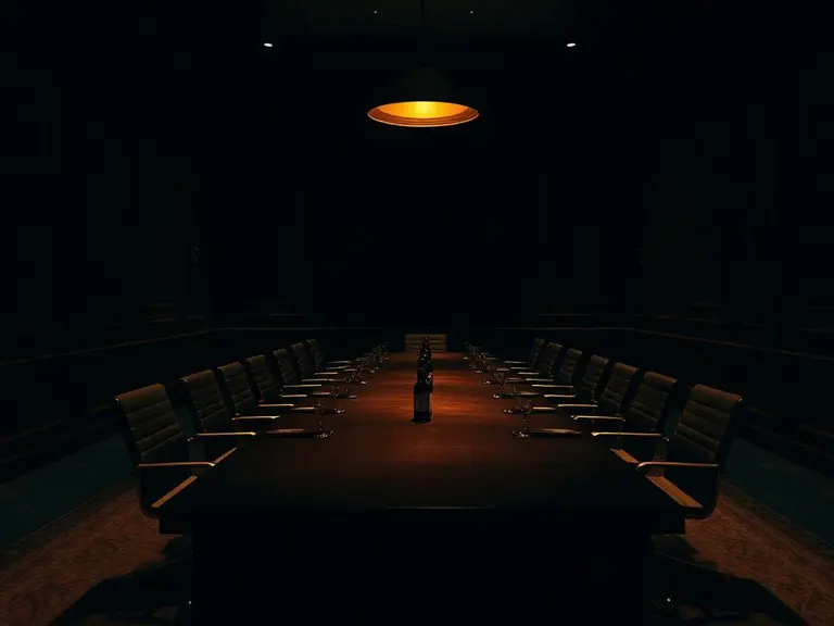 Sala de reunião institucional com iluminação dourada